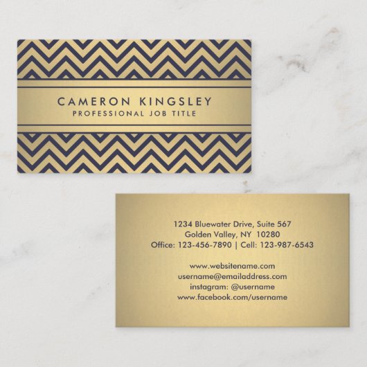 Elegant Navy Blue & Gold Faux Folie Chevron Patter Visitekaartje (Voorkant / Achterkant)