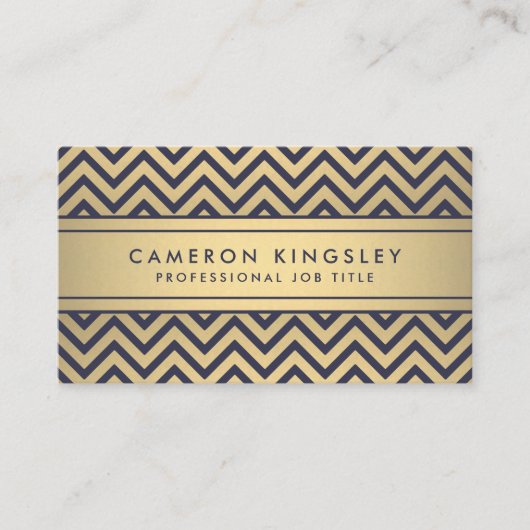 Elegant Navy Blue & Gold Faux Folie Chevron Patter Visitekaartje (Voorkant)