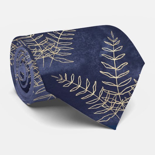 Elegant Navy Blue & Gold Fern Leaf Wedding Stropdas (Opgerold)