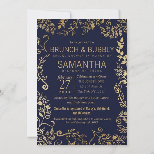 Elegant Navy Blue Gold Floral Brunch Bubble Kaart (Voorkant)