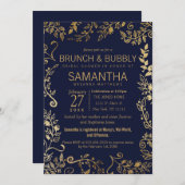 Elegant Navy Blue Gold Floral Brunch Bubble Kaart (Voorkant / Achterkant)