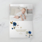 Elegant Navy Blue Gold Floral Photo Boy Baptisme Bedankkaart (Binnen)