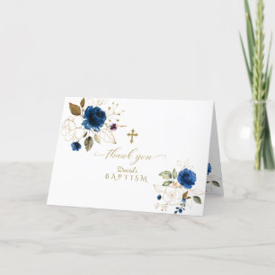 Elegant Navy Blue Gold Floral Photo Boy Baptisme Bedankkaart