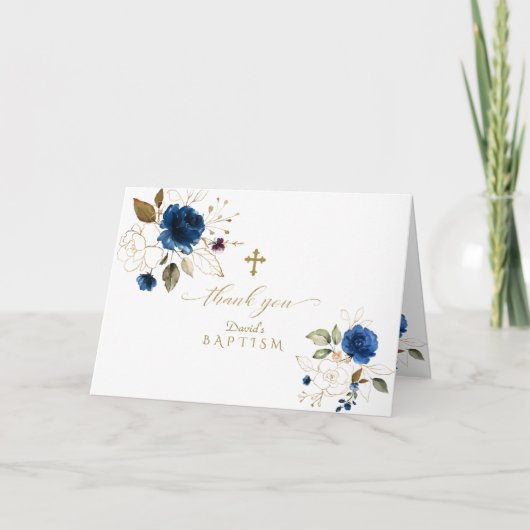 Elegant Navy Blue Gold Floral Photo Boy Baptisme Bedankkaart (Voorkant)