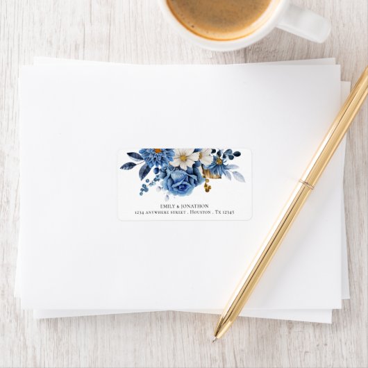 Elegant Navy Blue Gold Floral Return Address Label (Insitu)
