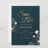 Elegant Navy Blue Gold Floral Save the Date Card (Voorkant)