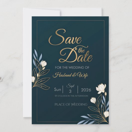 Elegant Navy Blue Gold Floral Save the Date Card (Voorkant)