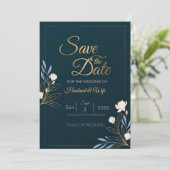 Elegant Navy Blue Gold Floral Save the Date Card (Staand voorkant)