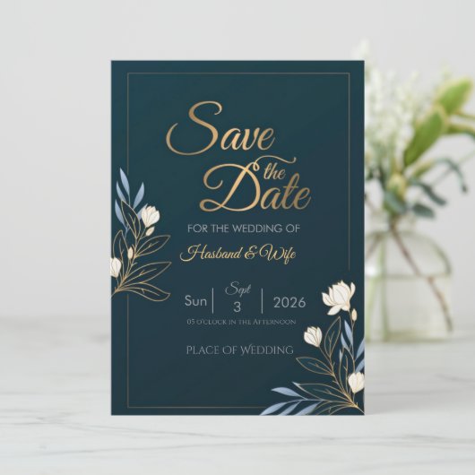 Elegant Navy Blue Gold Floral Save the Date Card (Staand voorkant)