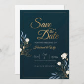 Elegant Navy Blue Gold Floral Save the Date Card (Voorkant / Achterkant)
