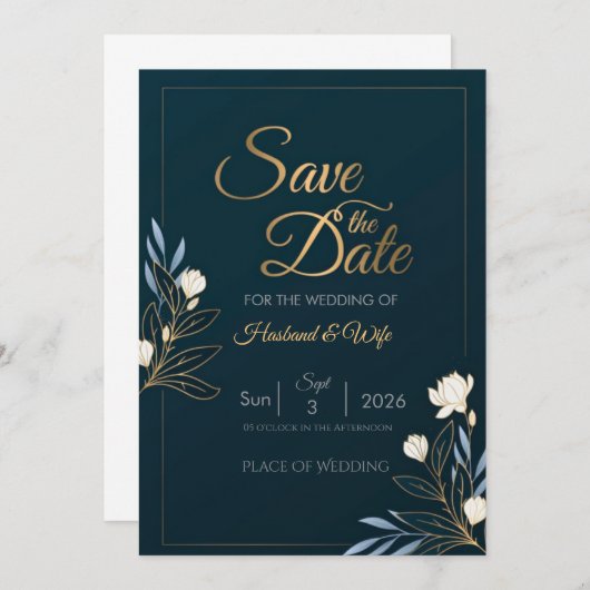 Elegant Navy Blue Gold Floral Save the Date Card (Voorkant / Achterkant)