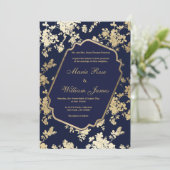 Elegant navy blue gold floral Weduwnatie Kaart (Staand voorkant)