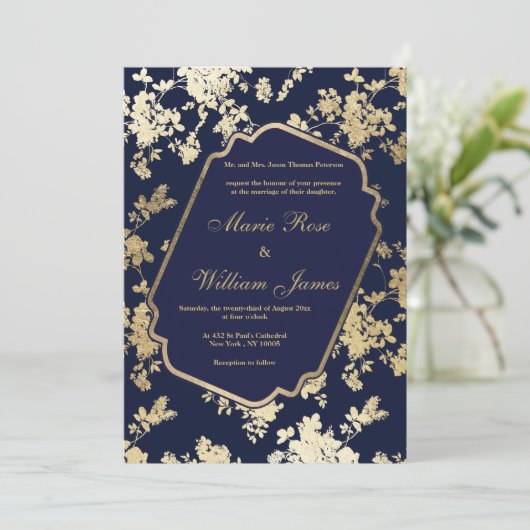 Elegant navy blue gold floral Weduwnatie Kaart (Staand voorkant)