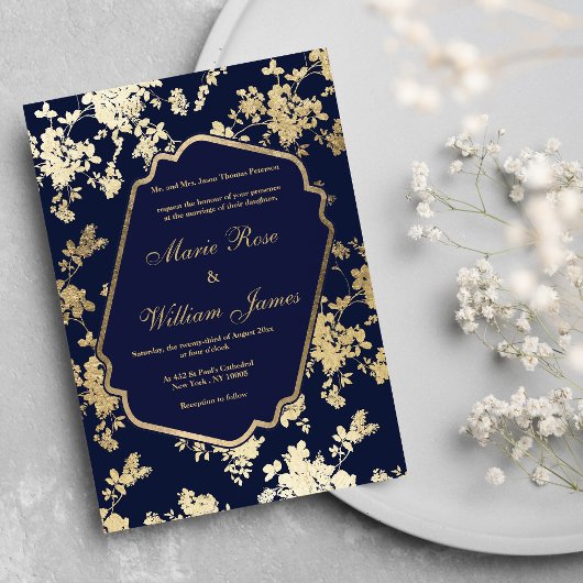 Elegant navy blue gold floral Weduwnatie Kaart