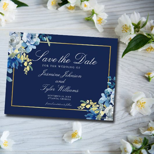 Elegant Navy Blue Gold Floral Winter Save Date Briefkaart