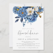 Elegant Navy Blue Gold Florals Rehearsal Dinner Kaart (Voorkant)