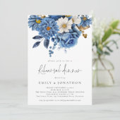 Elegant Navy Blue Gold Florals Rehearsal Dinner Kaart (Staand voorkant)