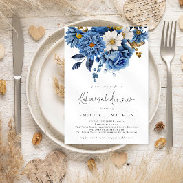 Elegant Navy Blue Gold Florals Rehearsal Dinner Kaart