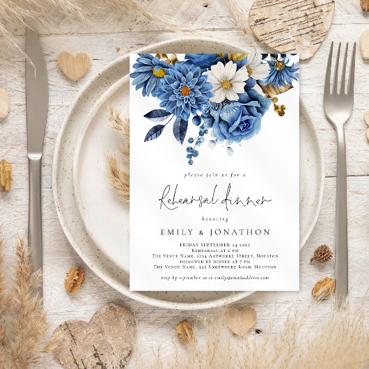 Elegant Navy Blue Gold Florals Rehearsal Dinner Kaart