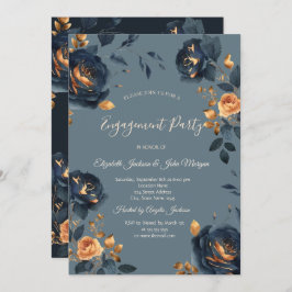 Elegant Navy Blue Gold Flowers Verloving Kaart