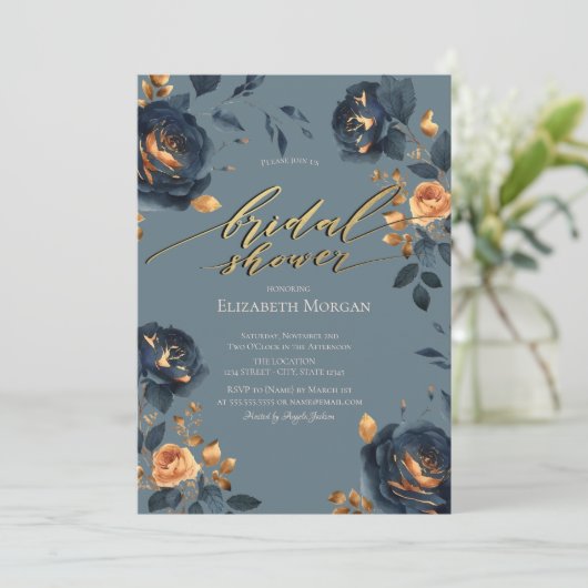 Elegant Navy Blue Gold Flowers Vrijgezellenfeest Kaart (Staand voorkant)