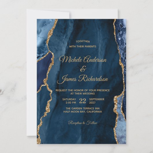 Elegant Navy Blue Gold Foil Agate Wedding Kaart (Voorkant)