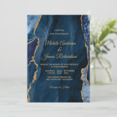 Elegant Navy Blue Gold Foil Agate Wedding Kaart (Staand voorkant)