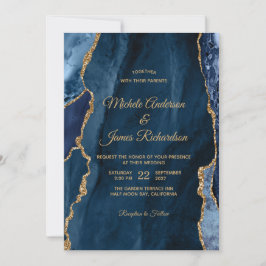 Elegant Navy Blue Gold Foil Agate Wedding Kaart