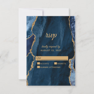 Elegant Navy Blue Gold Foil Agate Wedding RSVP Kaartje