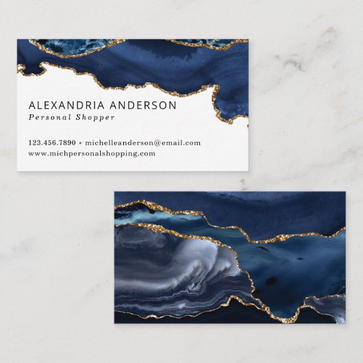 Elegant Navy Blue Gold Foil Marble Agate Sparkle Visitekaartje (Voorkant / Achterkant)