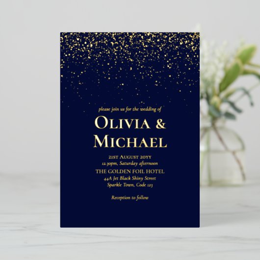 Elegant Navy Blue Gold Foil Wedding Folie Uitnodiging (Staand Voorkant)