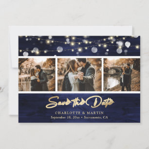 Elegant Navy Blue Gold Foil Wood Weduwfoto Save The Date