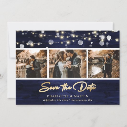 Elegant Navy Blue Gold Foil Wood Weduwfoto Save The Date (Voorkant)