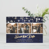 Elegant Navy Blue Gold Foil Wood Weduwfoto Save The Date (Staand voorkant)