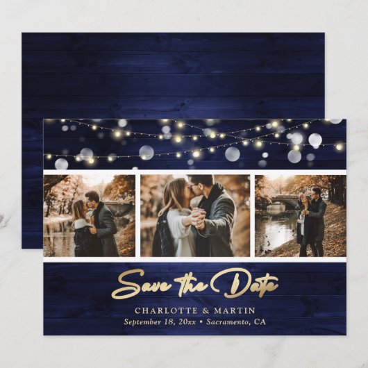 Elegant Navy Blue Gold Foil Wood Weduwfoto Save The Date (Voorkant / Achterkant)