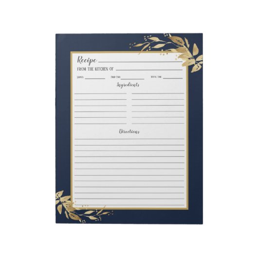 Elegant Navy Blue Gold Foliage Recipe Notitieblok (Linkerzijde)