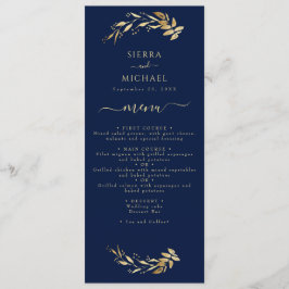 Elegant Navy Blue Gold Foliage Weduwen Ontvangen Menu