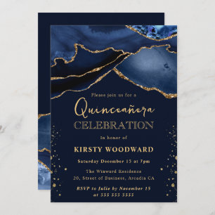 Elegant Navy Blue & Gold Glitter Agate Quinceanera Kaart