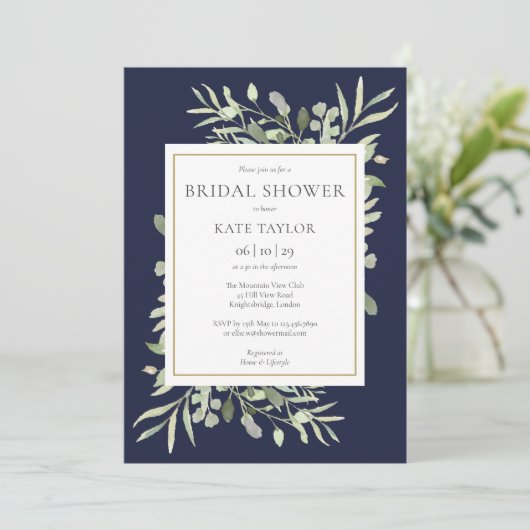 Elegant Navy Blue Gold Greenery Vrijgezellenfeest Kaart (Staand voorkant)