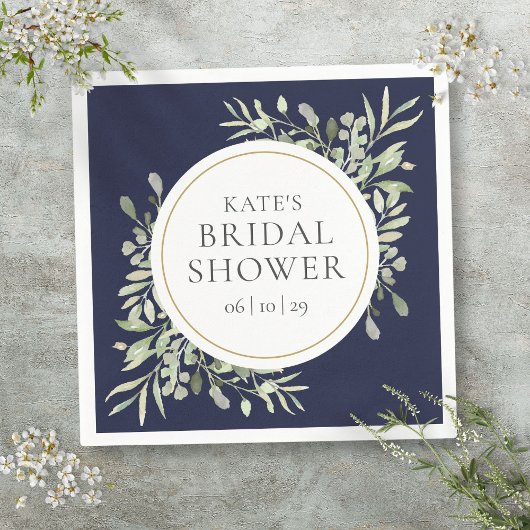 Elegant Navy Blue Gold Greenery Vrijgezellenfeest Servet