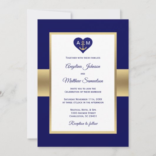 Elegant Navy Blue Gold Heart Nautical Wedding Kaart (Voorkant)