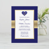 Elegant Navy Blue Gold Heart Nautical Wedding Kaart (Staand voorkant)