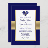 Elegant Navy Blue Gold Heart Nautical Wedding Kaart (Voorkant / Achterkant)