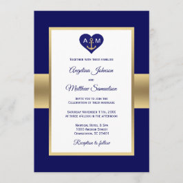 Elegant Navy Blue Gold Heart Nautical Wedding Kaart