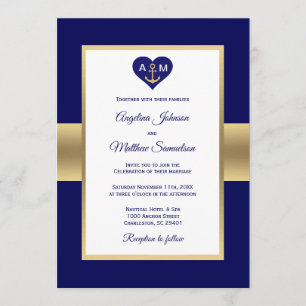 Elegant Navy Blue Gold Heart Nautical Wedding Kaart