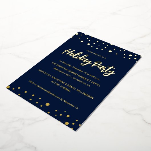 Elegant Navy Blue Gold Holiday Party Confetti chic Folie Feestdagenkaart (Gedraaid)
