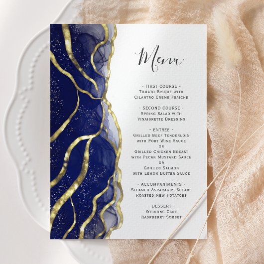Elegant Navy Blue Gold Ink Wedding Menu