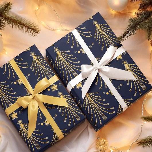 Elegant Navy Blue Gold-kerstboomster Cadeaupapier