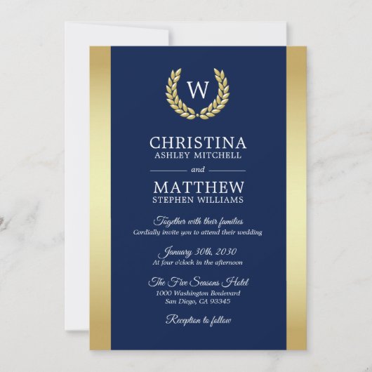 Elegant Navy Blue Gold Laurel Monogram Weddenschap Kaart (Voorkant)