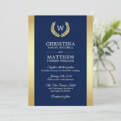 Elegant Navy Blue Gold Laurel Monogram Weddenschap Kaart (Staand voorkant)